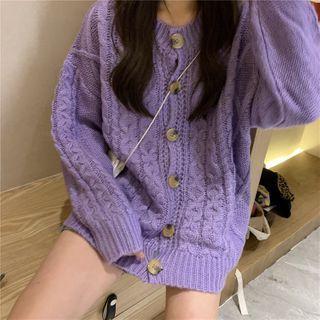 Long-sleeve Plain Cable Knit Cardigan Purple - One Size