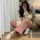 Long-sleeve Cable Knit Sweater / Corduroy Wide-leg Pants