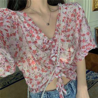 Puff-sleeve Floral Printed Drawstring Front Blouse As Shown In Figure - One Size