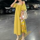 Puff-sleeve Off-shoulder Midi A-line Dress Banana Yellow - One Size