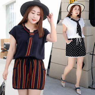 Set: Cap-sleeve Tie-neck Blouse + Dotted Shorts
