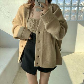 Set: Plain Knit Cardigan + Cable-knit Tube Top / High-waist Shorts