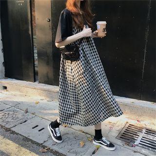 Plain Loose-fit Short-sleeve T-shirt / Check A-line Sleeveless Dress