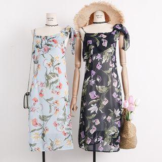 Sleeveless Ruffled-trim Floral Midi Dress