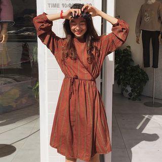 Plaid Long-sleeve A-line Dress Wine Red - One Size