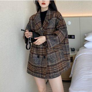 Plaid Double Breasted Coat Coffee - One Size