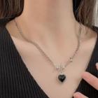 Heart Pendant Rhinestone Stainless Steel Necklace Black & Silver - One Size