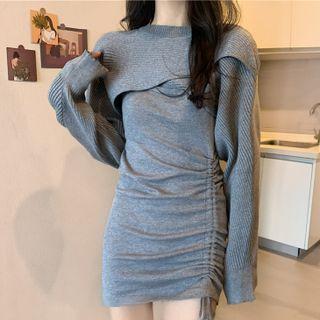 Set: Spaghetti Strap Drawstring Mini Bodycon Dress + Knit Shrug