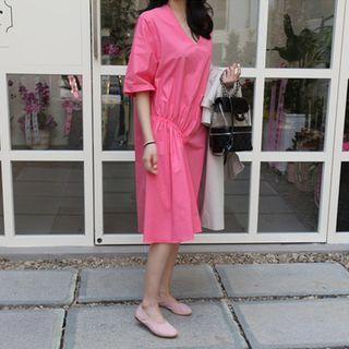 Plus Size V-neck Smocked-waist Wide-fit Dress