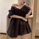 V-neck Short-sleeve Pleated Blouse