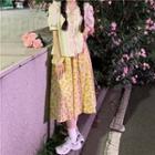 Floral Midi A-line Skirt / Puff-sleeve Blouse