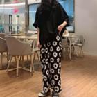 Set: Plain Open Back Elbow-sleeve T-shirt + Flower Print Wide Leg Pants