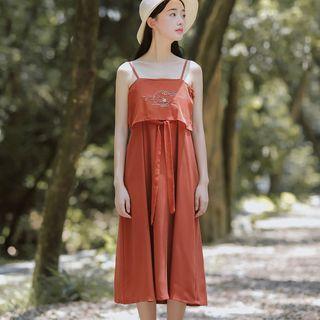 Set: Long Chiffon Jacket + Spaghetti-strap Embroidered Chiffon Dress