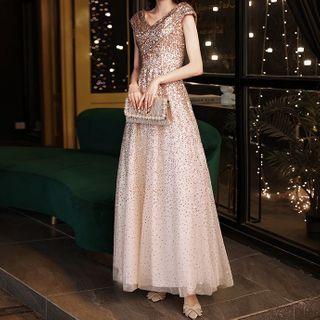Cap Sleeve V-neck Sequined A-line Evening Gown