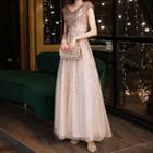 Cap Sleeve V-neck Sequined A-line Evening Gown