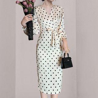 Long-sleeve Dotted Tie-waist Midi Sheath Dress
