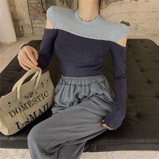 Off Shoulder Color-block Long-sleeve Top Blue - One Size