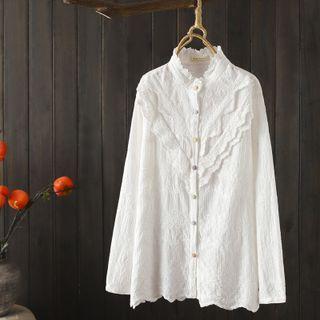 Ruffled Button-up Embroidered Blouse White - One Size