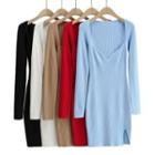 Long-sleeve Square-neck Plain Slim-fit Dress