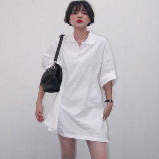 Collared Elbow-sleeve Blouse White - One Size