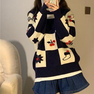 Print Check Sweater Check - Dark Blue & White - One Size
