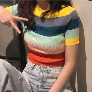 Rainbow Wide-stripe Short-sleeve Cropped Knit Top