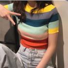 Rainbow Wide-stripe Short-sleeve Cropped Knit Top