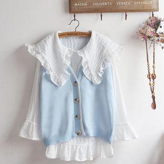 Long-sleeve Wide Collar Blouse / Buttoned Knit Vest / Set