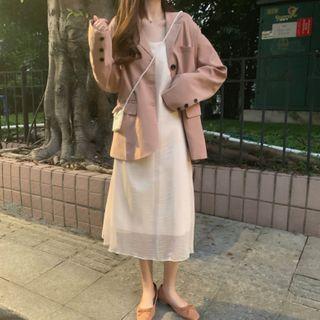 Plain Blazer / Spaghetti Strap Midi A-line Dress