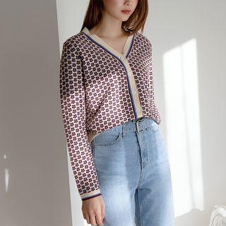 V-neck Flower-patterned Cardigan Cream - One Size