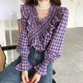 Long-sleeve Ruffle-trim Plaid Top Purple - One Size