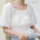 Puff-sleeve Perforated Blouse White - One Size