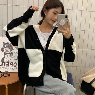 V-neck Two-tone Cardigan Black & White - One Size