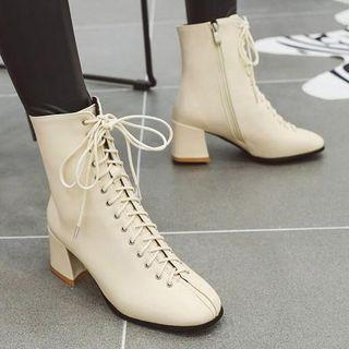 Faux Leather Lace-up Block-heel Short Boots
