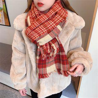 Plaid Fringed Scarf Red - One Size