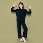 Set: Hooded Knit Top + Band-waist Pants Black - One Size