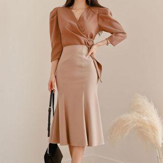 Set: Long-sleeve Buckled Blouse + Midi Mermaid Skirt
