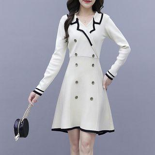 Long-sleeve Contrast Trim Double Breasted A-line Mini Knit Dress