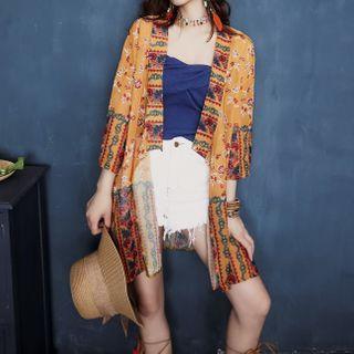 Flower Print Open Front Long Light Jacket