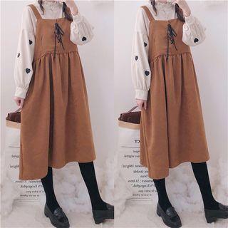 Heart Embroidered Shirt / Lace-up Pinafore Dress