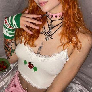 Spaghetti Strap Lace Trim Strawberry Embroidery Top