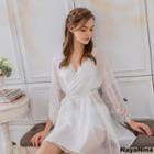 Bell-sleeve Lace Panel Drawstring Chiffon Cover-up White - One Size