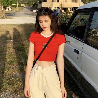 Short-sleeve Cartoon Printed Cropped T-shirt