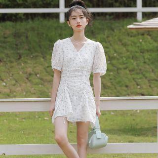 V-neck Floral Pleated Bow Mini Skirt
