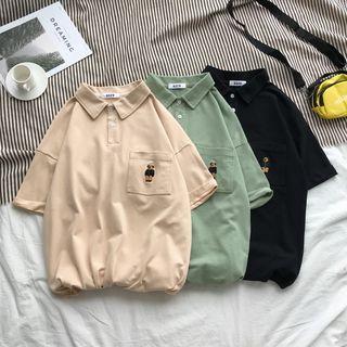 Elbow-sleeve Bear Embroidered Polo Shirt