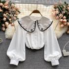 Embroidered Lapel Puff-sleeve Top White - One Size