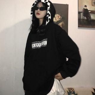 Lettering Cow Print Trim Hoodie