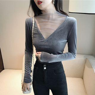 Long-sleeve Mesh Paneled Velvet Top