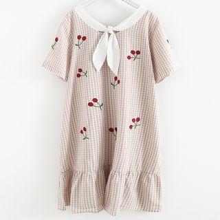Short-sleeve Cherry Embroidered Gingham Midi Dress