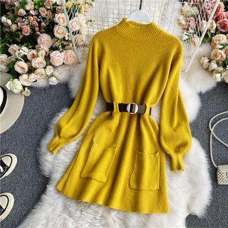 Puff Sleeve Knit Dress With Belt